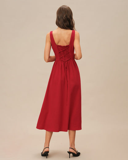 Red Square Neck Midi Dress