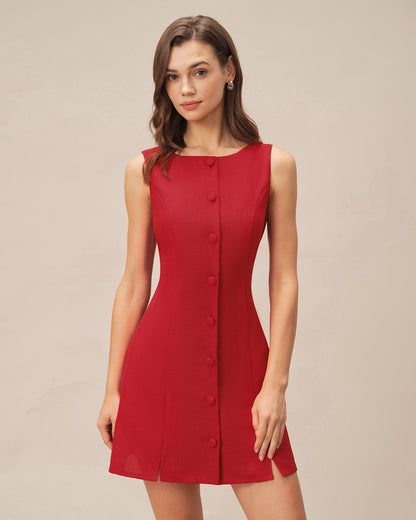 Red Boat Neck Button Mini Dress