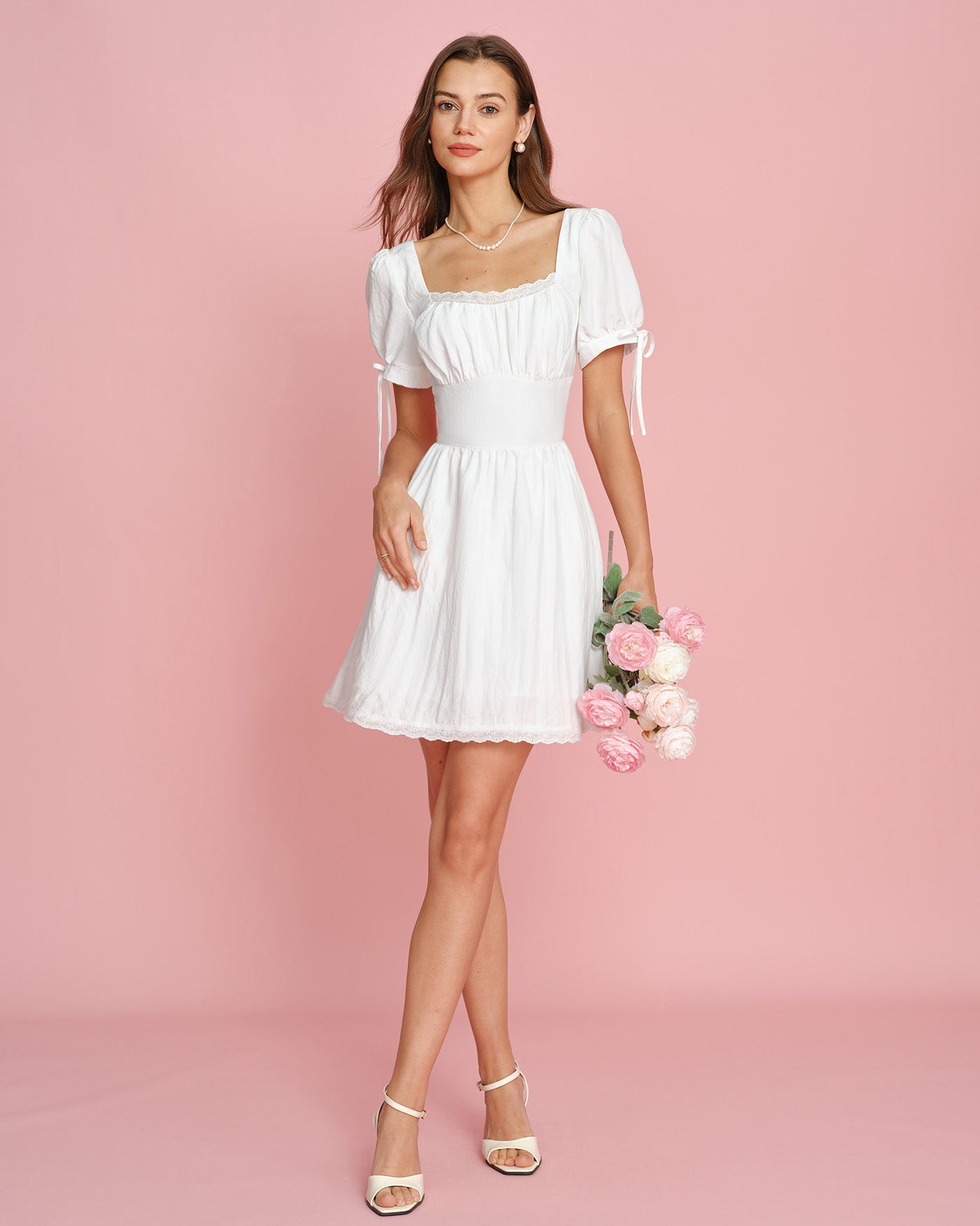 White Square Neck Lace Mini Dress