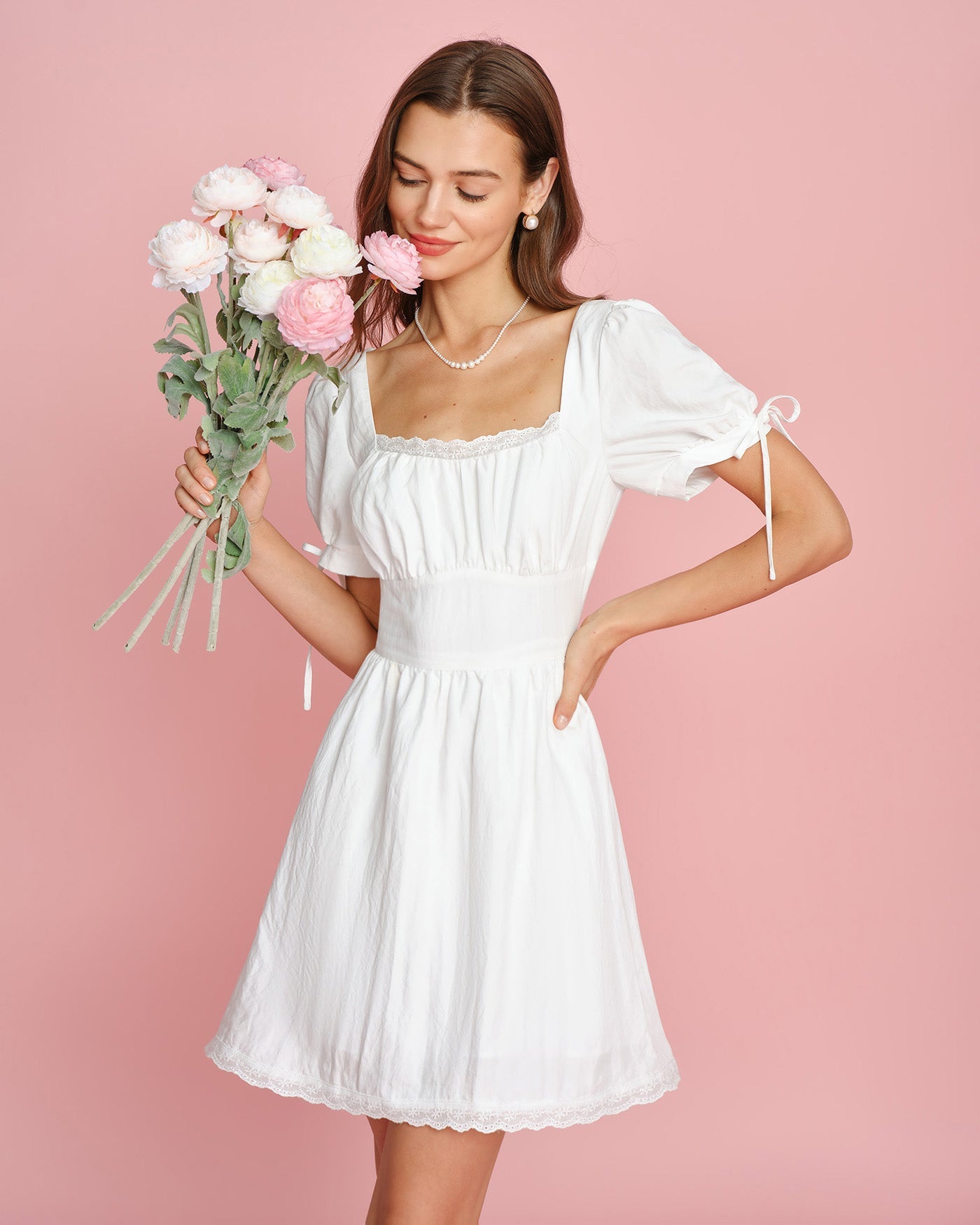 White Square Neck Lace Mini Dress
