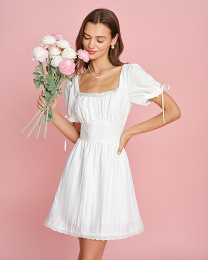 White Square Neck Lace Mini Dress