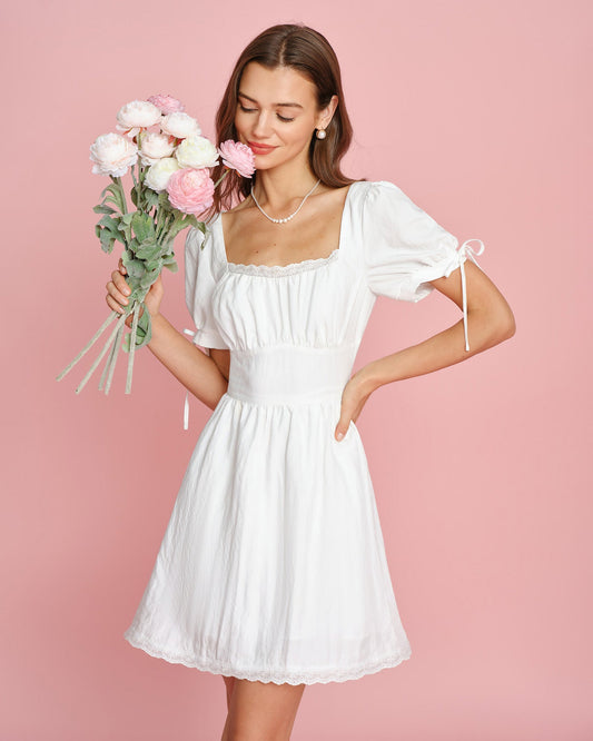 White Square Neck Lace Mini Dress